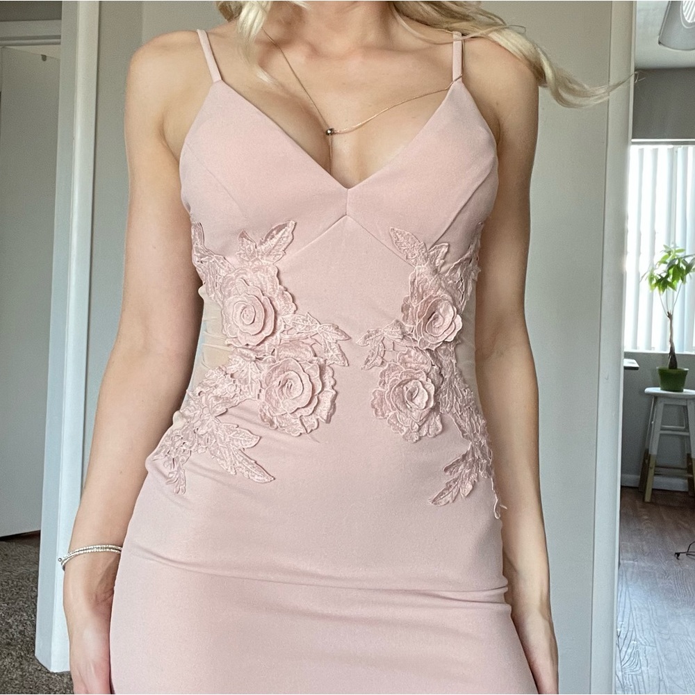Nude pink mini dress with floral detail